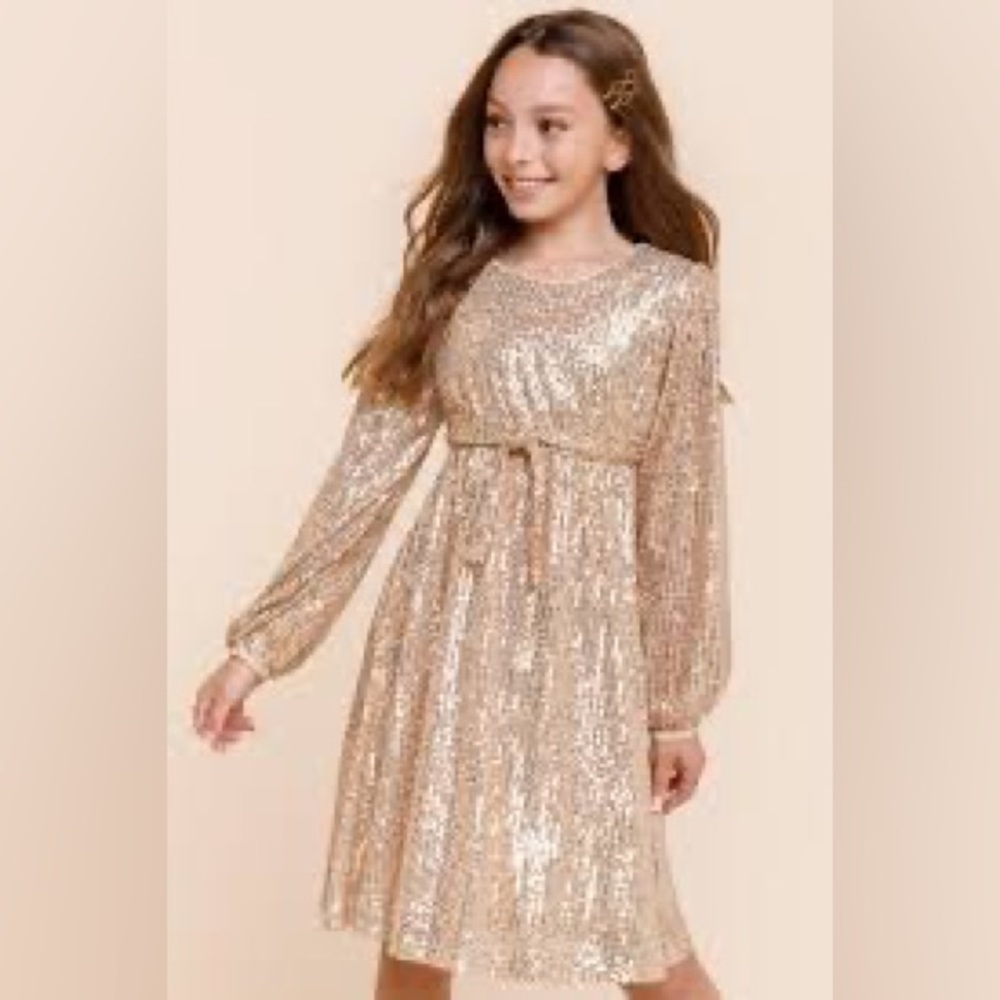 NWOT Girl’s Long Sleeve Gold Sequined Dress Franki Sz YTH12